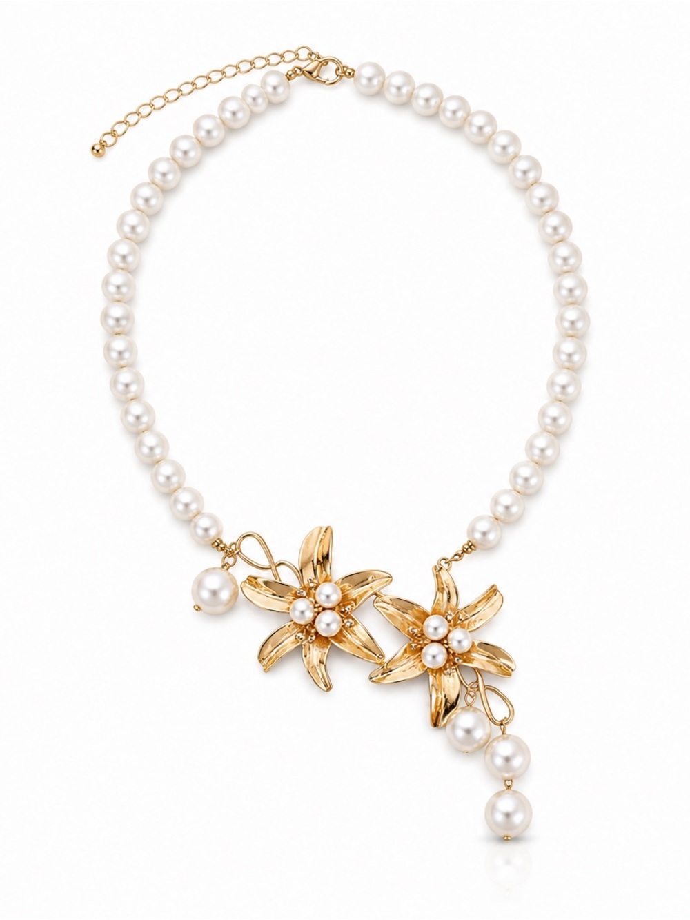 Gold Floral Pearl Necklace - White Pearls
